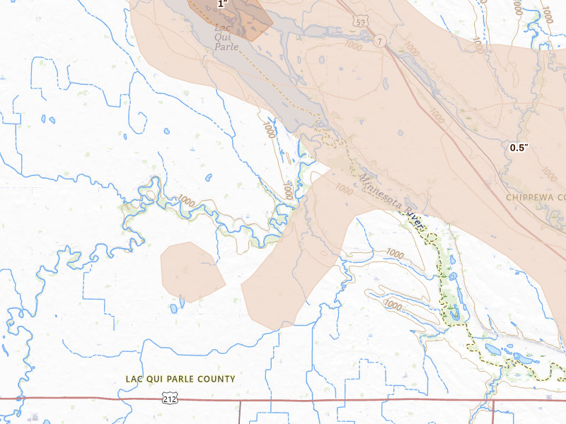 Radar-estimated hail-size map of the storm over Montevideo, MN on Jul 4, 2026