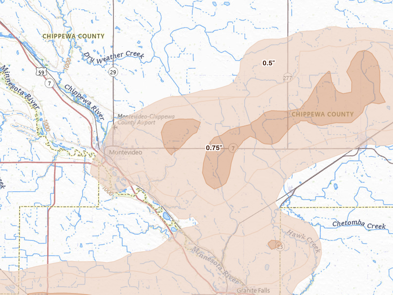 Radar-estimated hail-size map of the storm over Montevideo, MN on Aug 6, 2026
