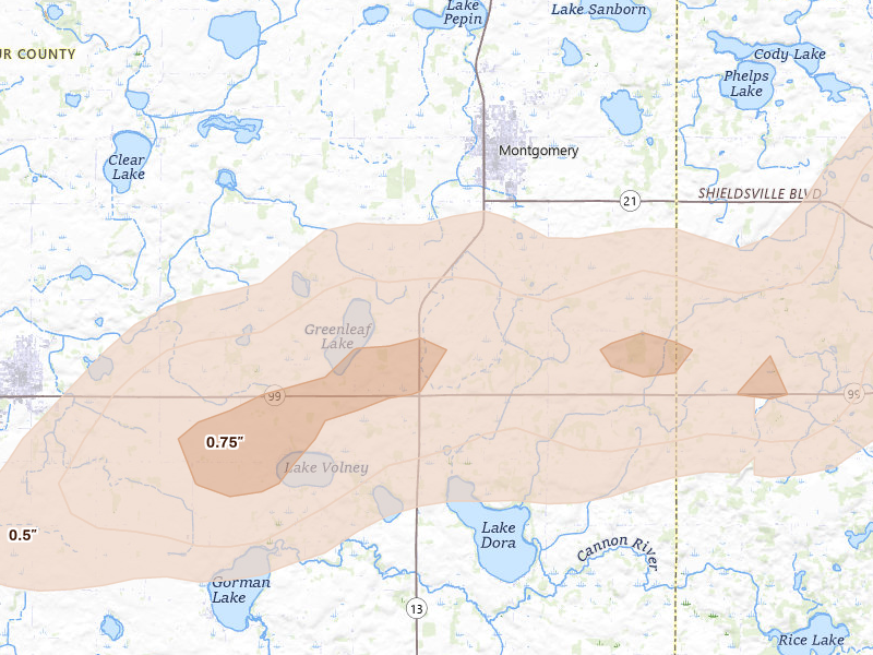 Radar-estimated hail-size map of the storm over Montgomery, MN on Apr 13, 2026