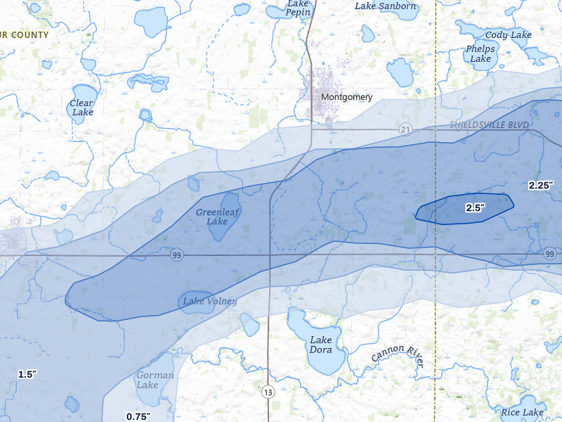 NEXRAD radar-signature map of the hail storm over Montgomery, MN on Apr 13, 2026
