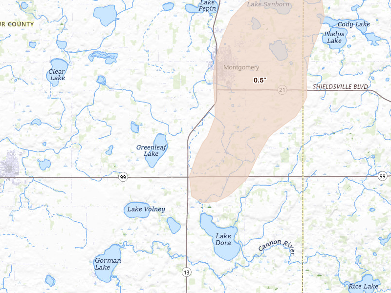 Radar-estimated hail-size map of the storm over Montgomery, MN on Jun 9, 2026