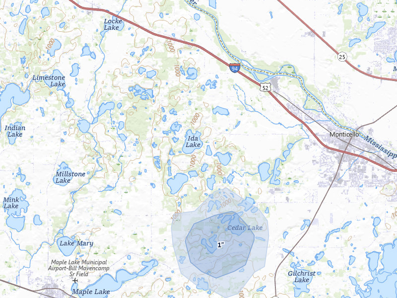 NEXRAD radar-signature map of the hail storm over Monticello, MN on Jun 5, 2026