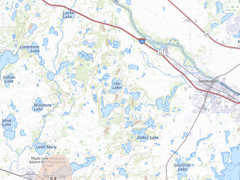 Radar-estimated hail-size map of the storm over Monticello, MN on Jul 4, 2026