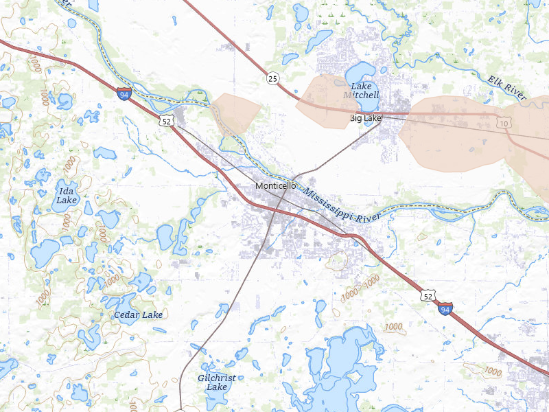 Radar-estimated hail-size map of the storm over Monticello, MN on Aug 8, 2026