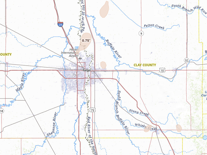 Radar-estimated hail-size map of the storm over Moorhead, MN on Jun 10, 2026