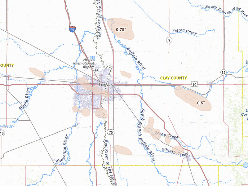 Radar-estimated hail-size map of the storm over Moorhead, MN on Jun 19, 2026