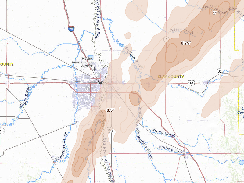 Radar-estimated hail-size map of the storm over Moorhead, MN on Jun 29, 2026
