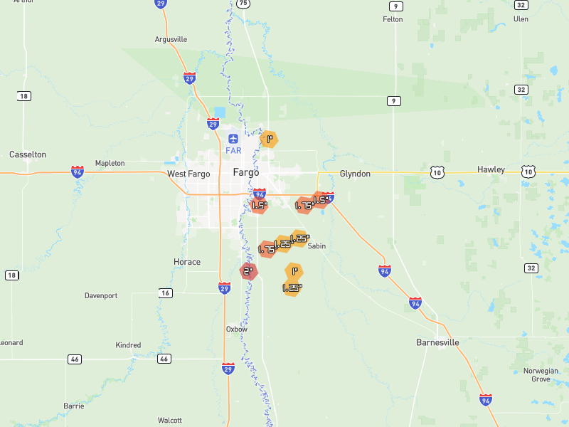 Hail map of Moorhead, MN on Jun 30, 2026, hail up to 2"