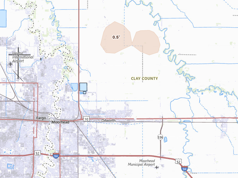 Radar-estimated hail-size map of the storm over Moorhead, MN on Aug 28, 2026