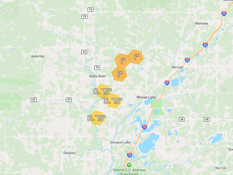 Hail map of Moose Lake, MN on Jun 30, 2026, hail up to 1"