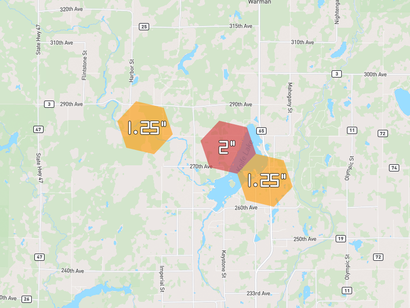 Hail map of Mora, MN on Jun 5, 2026, hail up to 2"
