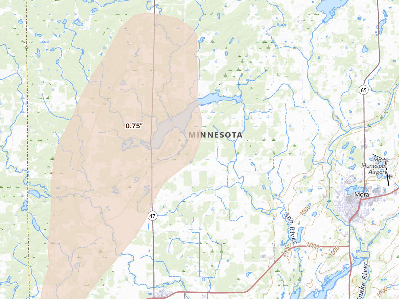 Radar-estimated hail-size map of the storm over Mora, MN on Jun 9, 2026
