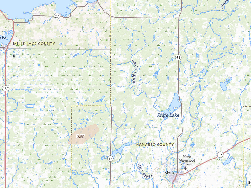 Radar-estimated hail-size map of the storm over Mora, MN on Jun 28, 2026