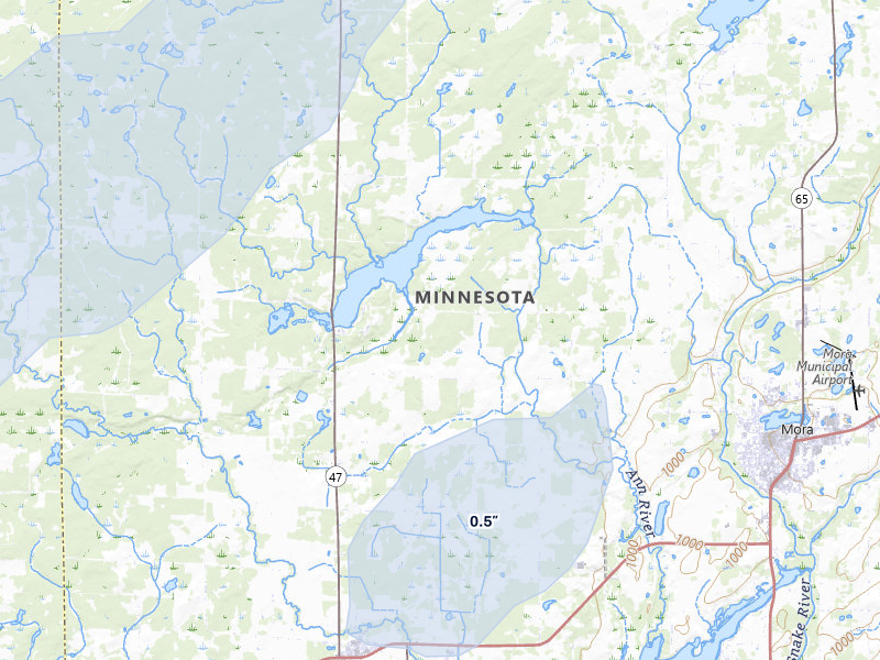 NEXRAD radar-signature map of the hail storm over Mora, MN on Jun 28, 2026