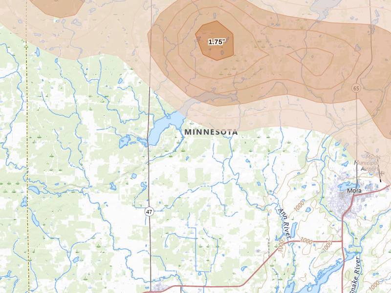 Radar-estimated hail-size map of the storm over Mora, MN on Jul 4, 2026