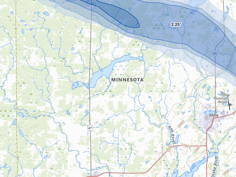 NEXRAD radar-signature map of the hail over Mora, MN