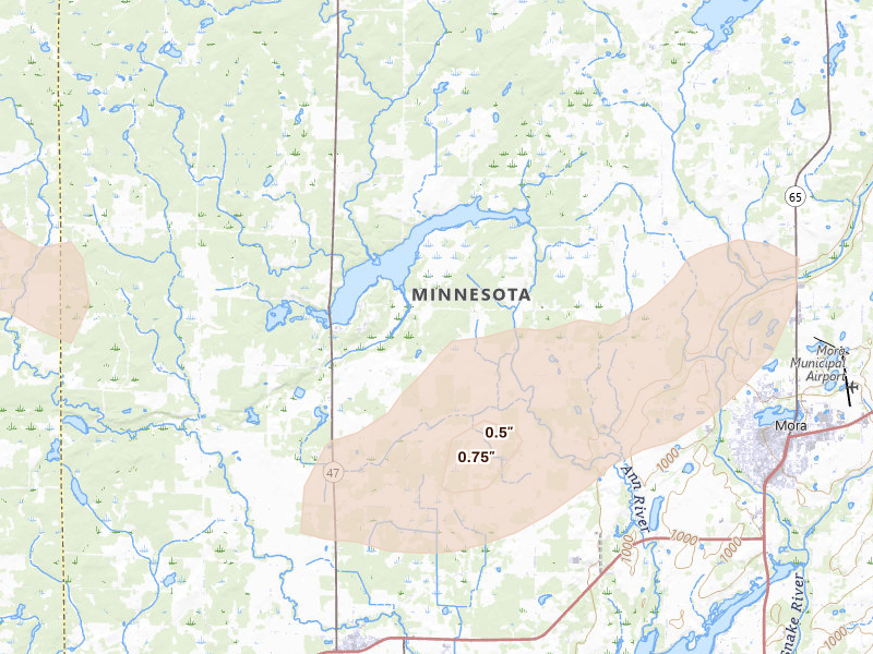 Radar-estimated hail-size map of the storm over Mora, MN on Jul 7, 2026