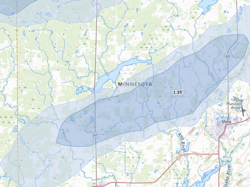 NEXRAD radar-signature map of the hail storm over Mora, MN on Jul 7, 2026