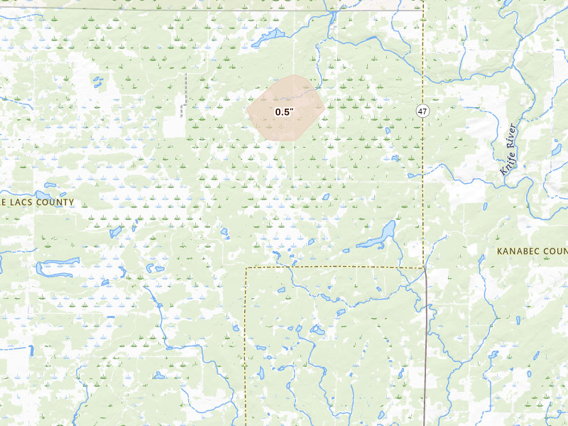 Radar-estimated hail-size map of the storm over Mora, MN on Aug 3, 2026