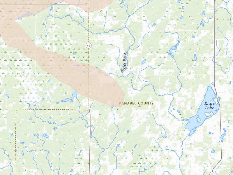 Radar-estimated hail-size map of the storm over Mora, MN on Aug 20, 2026