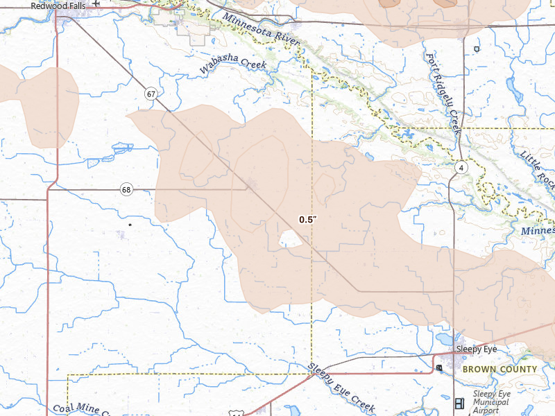 Radar-estimated hail-size map of the storm over Morgan, MN on Aug 7, 2026
