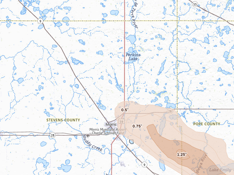 Radar-estimated hail-size map of the storm over Morris, MN on Jun 5, 2026