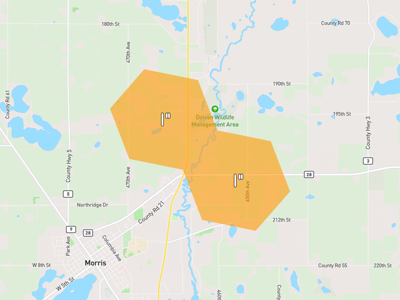 Hail map of Morris, MN on Jun 5, 2026, hail up to 1"