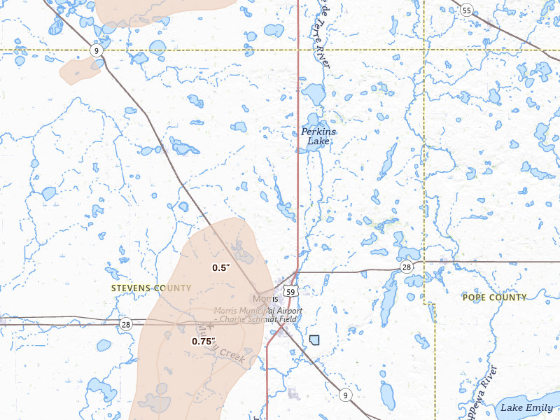 Radar-estimated hail-size map of the storm over Morris, MN on Jun 9, 2026