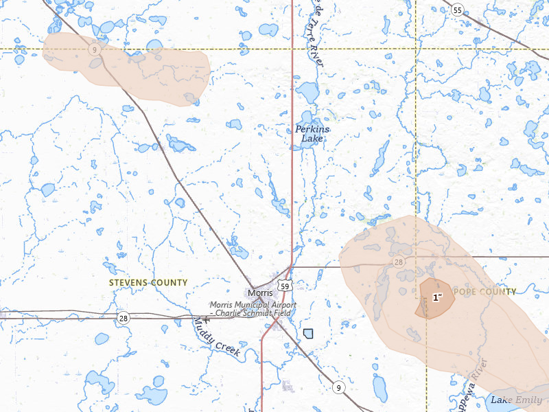 Radar-estimated hail-size map of the storm over Morris, MN on Jun 23, 2026