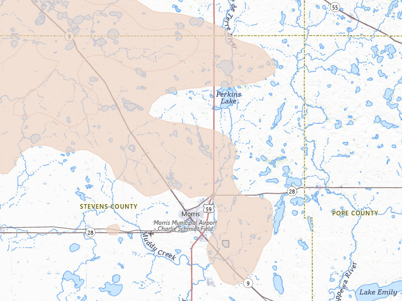 Radar-estimated hail-size map of the storm over Morris, MN on Jul 6, 2026