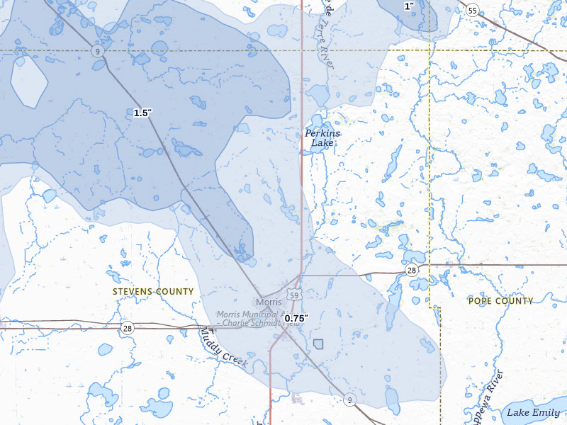 NEXRAD radar-signature map of the hail storm over Morris, MN on Jul 6, 2026