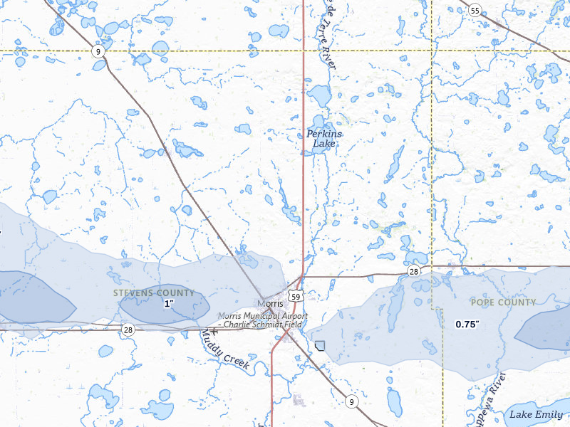 NEXRAD radar-signature map of the hail storm over Morris, MN on Jul 7, 2026