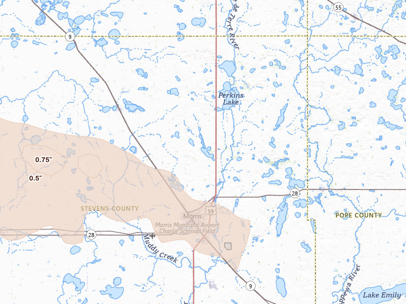 Radar-estimated hail-size map of the storm over Morris, MN on Jul 19, 2026