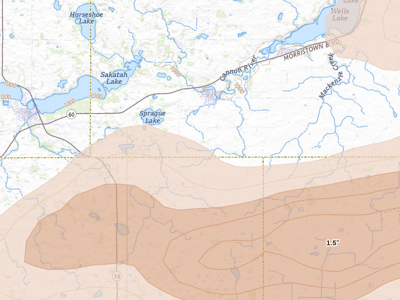 Radar-estimated hail-size map of the storm over Morristown, MN on Apr 13, 2026