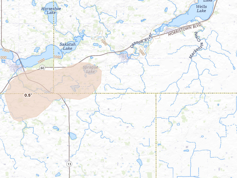 Radar-estimated hail-size map of the storm over Morristown, MN on Jul 1, 2026