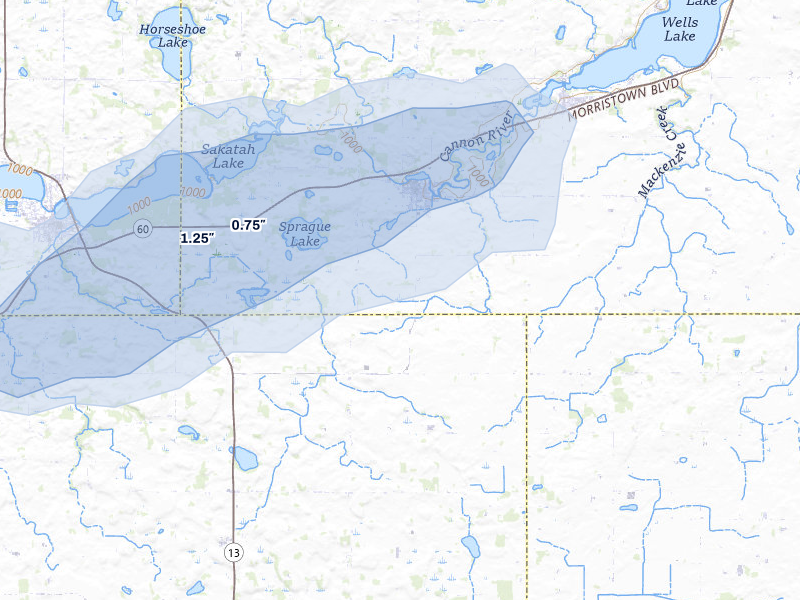 NEXRAD radar-signature map of the hail storm over Morristown, MN on Jul 1, 2026