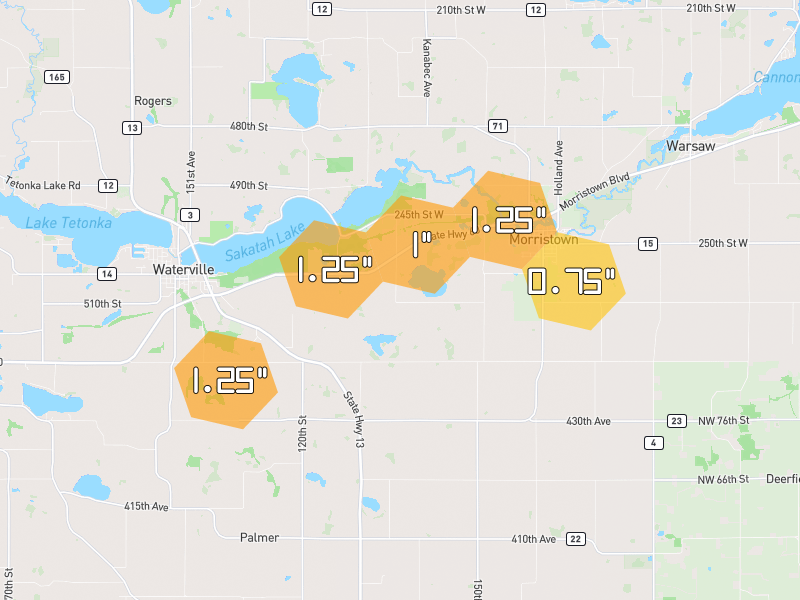 Hail map of Morristown, MN on Jul 2, 2026, hail up to 1.25"