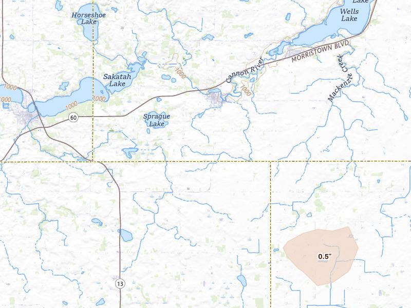 Radar-estimated hail-size map of the storm over Morristown, MN on Jul 19, 2026