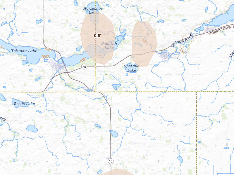 Radar-estimated hail-size map of the storm over Morristown, MN on Aug 8, 2026