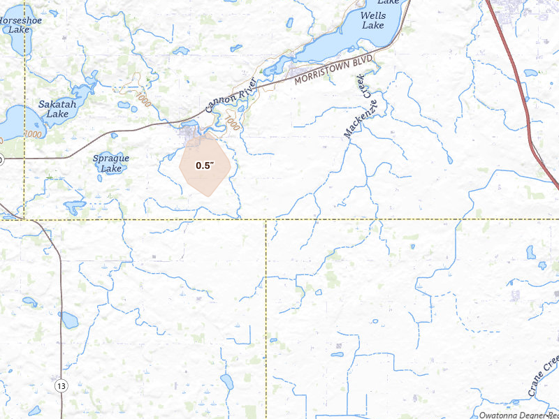 Radar-estimated hail-size map of the storm over Morristown, MN on Aug 9, 2026