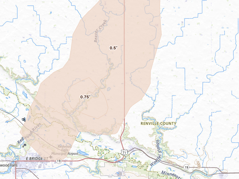 Radar-estimated hail-size map of the storm over Morton, MN on Jun 9, 2026