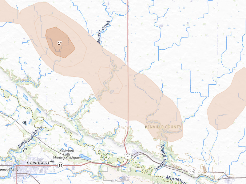 Radar-estimated hail-size map of the storm over Morton, MN on Jun 23, 2026