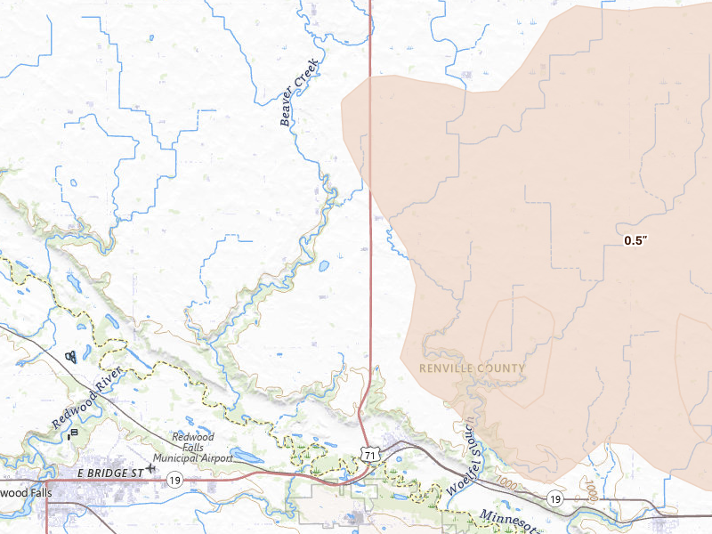 Radar-estimated hail-size map of the storm over Morton, MN on Aug 7, 2026