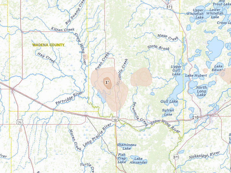 Radar-estimated hail-size map of the storm over Motley, MN on May 26, 2026