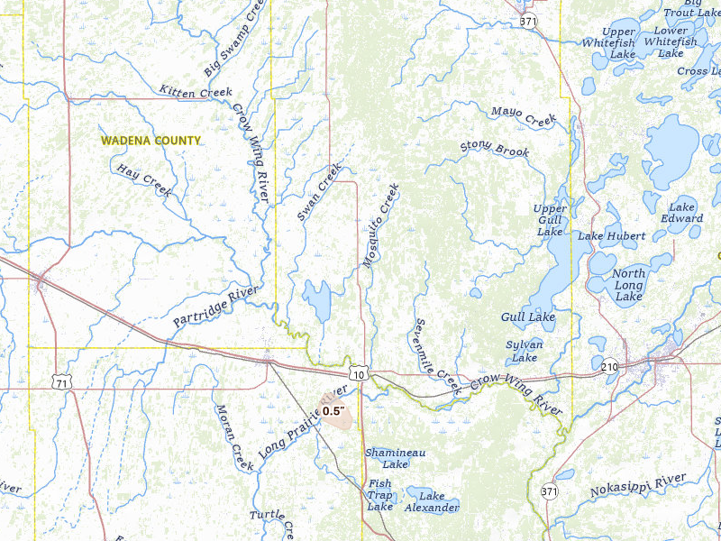 Radar-estimated hail-size map of the storm over Motley, MN on Jun 5, 2026