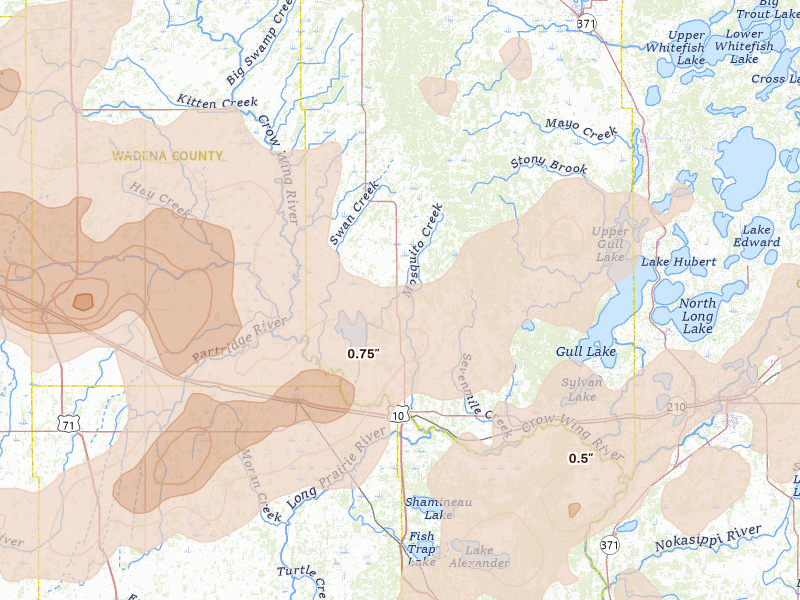 Radar-estimated hail-size map of the storm over Motley, MN on Jun 29, 2026