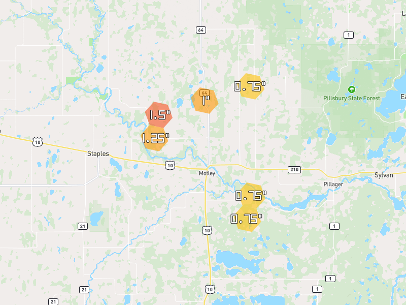 Hail map of Motley, MN on Jun 29, 2026, hail up to 1.5"