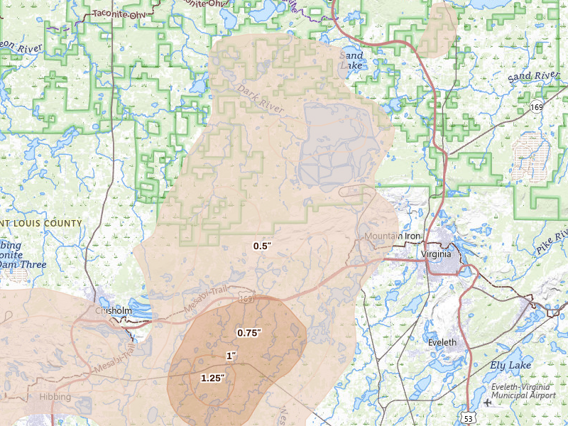 Radar-estimated hail-size map of the storm over Mountain Iron, MN on Jun 29, 2026
