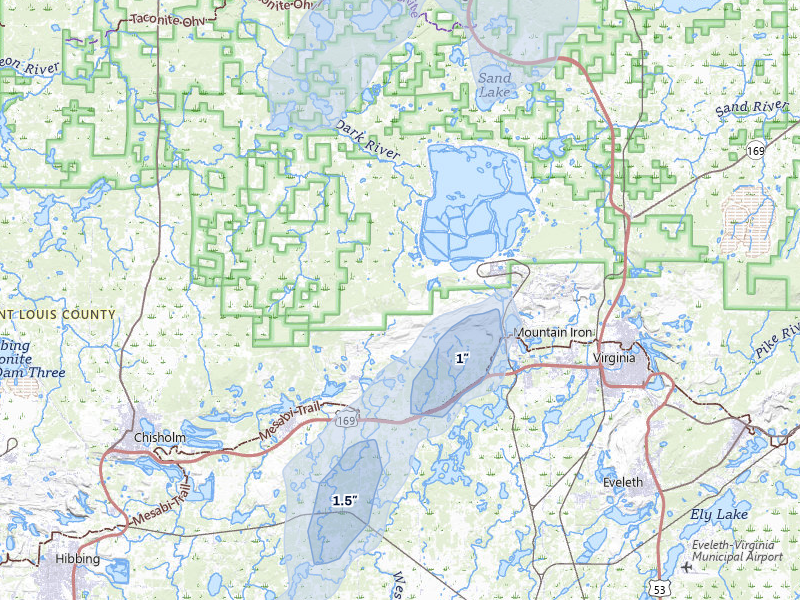 NEXRAD radar-signature map of the hail storm over Mountain Iron, MN on Jun 29, 2026