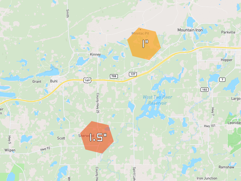 Hail map of Mountain Iron, MN on Jun 29, 2026, hail up to 1.5"